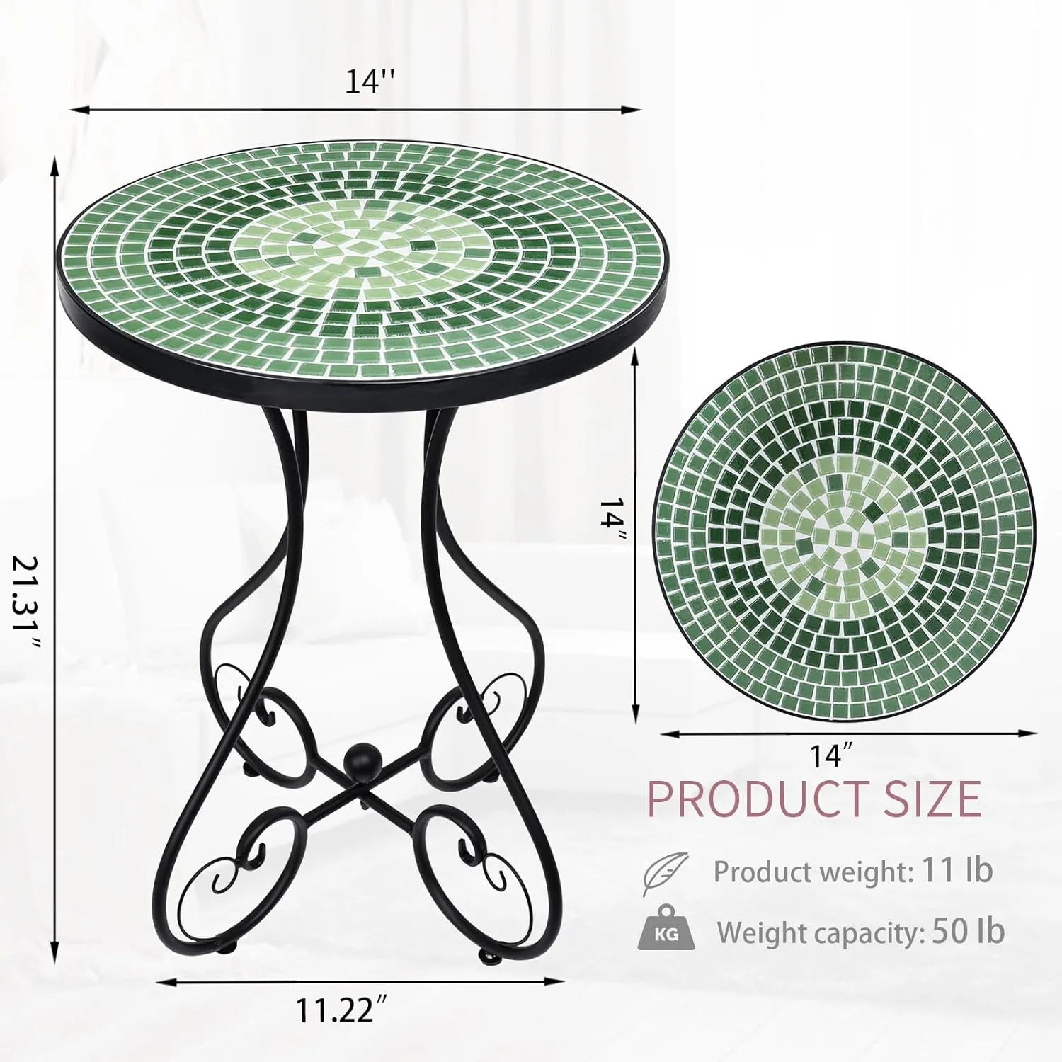 VCUTEKA Outdoor Side Table Mosaic Patio Table Accent Tables Mosaic Tile Top Metal Frame Small End Tables Porch Beach Patio Garden Balcony Green