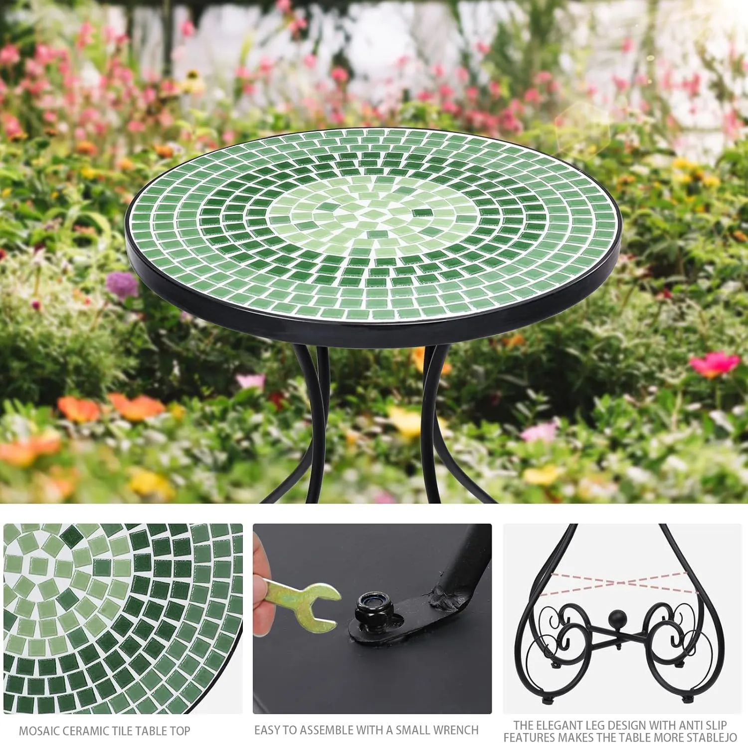 VCUTEKA Outdoor Side Table Mosaic Patio Table Accent Tables Mosaic Tile Top Metal Frame Small End Tables Porch Beach Patio Garden Balcony Green