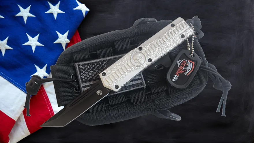 Venom Death Skull Automatic OTF Knife- Silver (Black Tanto 3.4")