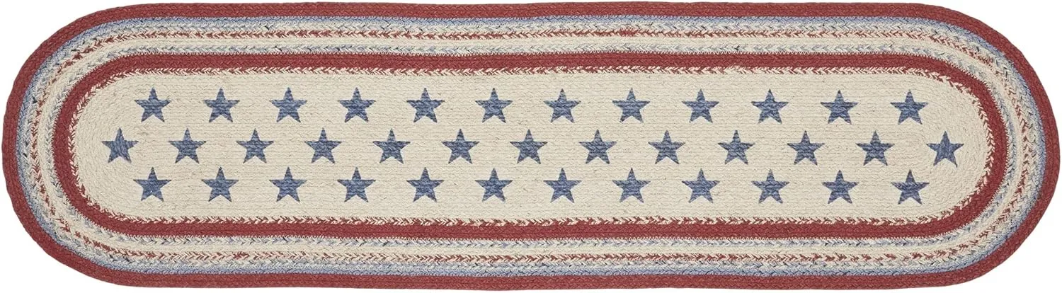 VHC Brands Celebration Farmhouse Jute Table Runner, Oval, Red Creme Blue, 13x48