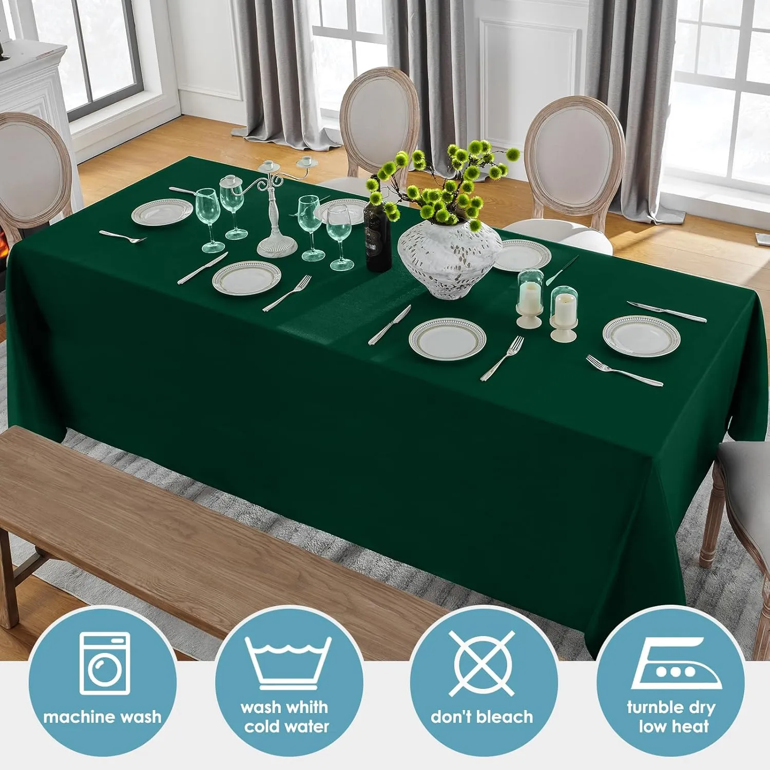 VidaFete Tablecloth 2 Pack 90 * 132inch Rectangle Table Cloth Polyester, Stain Wrinkle Resistant Polyester Dining Table Cover for Kitchen Dinning Party Wedding Rectangular Buffet Decoration(Green)