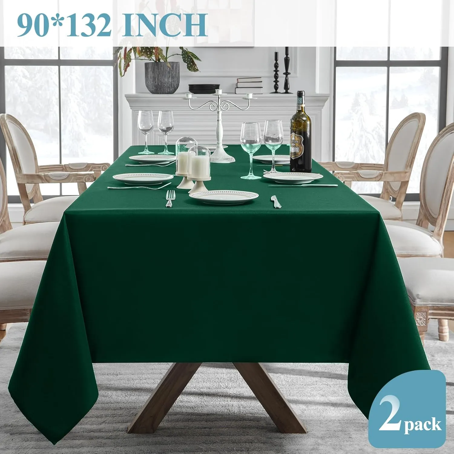 VidaFete Tablecloth 2 Pack 90 * 132inch Rectangle Table Cloth Polyester, Stain Wrinkle Resistant Polyester Dining Table Cover for Kitchen Dinning Party Wedding Rectangular Buffet Decoration(Green)