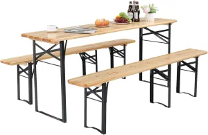 VINGLI 70 Inch Folding Picnic Tables with Benches Set, Weather-Resistant Wooden Beer Garden Table Bench, 3-Piece Portable Fold Up Camping BBQ Table w/Carrying Handles