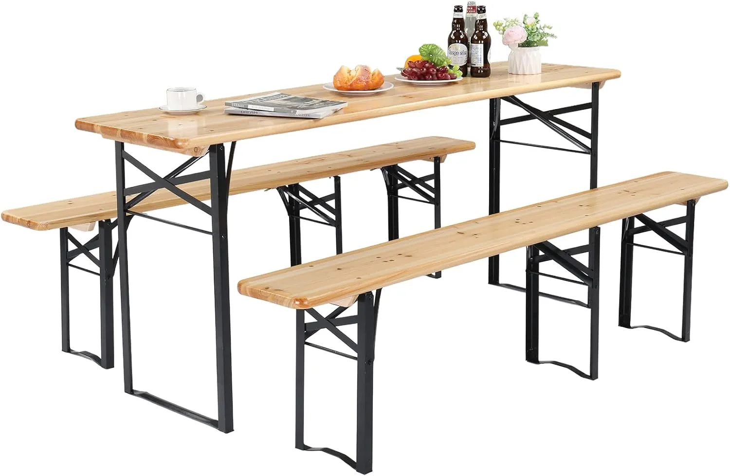 VINGLI 70 Inch Folding Picnic Tables with Benches Set, Weather-Resistant Wooden Beer Garden Table Bench, 3-Piece Portable Fold Up Camping BBQ Table w/Carrying Handles
