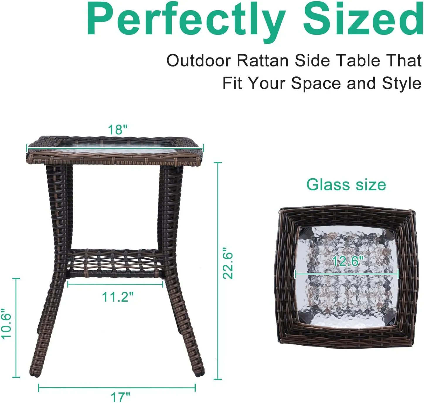 VINGLI Outdoor Side Table with Storage Wicker Patio Side Table, Tempered Glass Top End Table for Balcony Porch Deck (Brown)