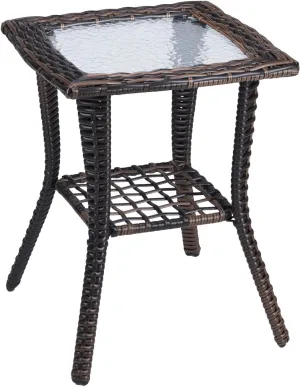 VINGLI Outdoor Side Table with Storage Wicker Patio Side Table, Tempered Glass Top End Table for Balcony Porch Deck (Brown)
