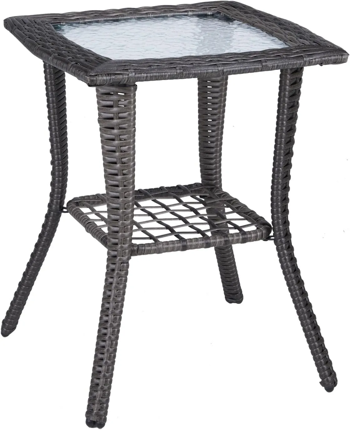 VINGLI Outdoor Side Table with Storage Wicker Patio Side Table, Tempered Glass Top End Table for Balcony Porch Deck (Grey)
