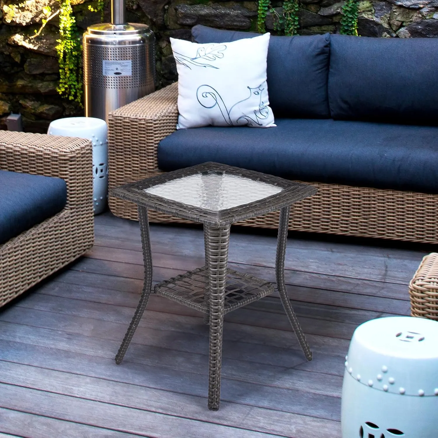 VINGLI Outdoor Side Table with Storage Wicker Patio Side Table, Tempered Glass Top End Table for Balcony Porch Deck (Grey)