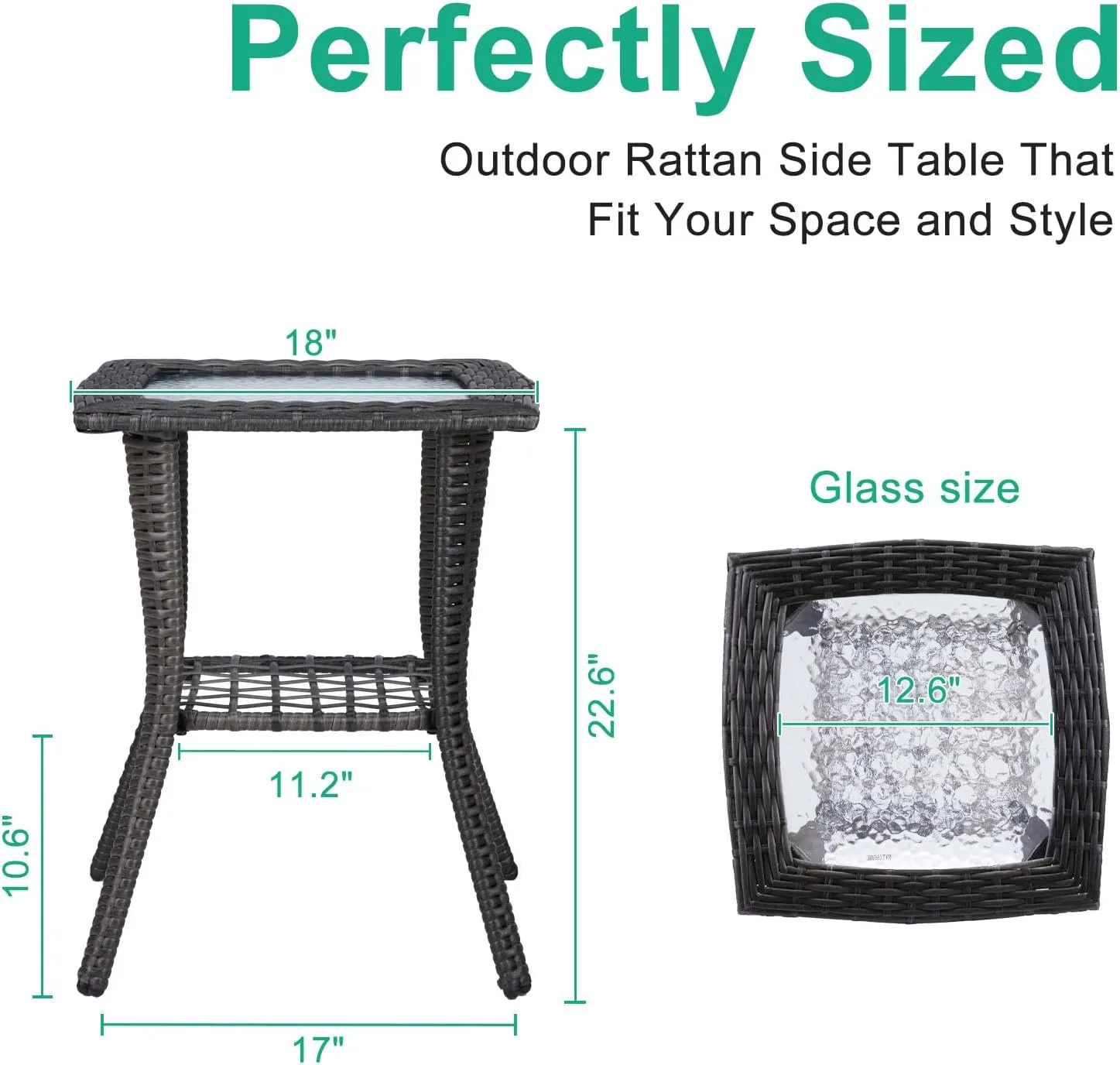 VINGLI Outdoor Side Table with Storage Wicker Patio Side Table, Tempered Glass Top End Table for Balcony Porch Deck (Grey)