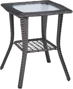 VINGLI Outdoor Side Table with Storage Wicker Patio Side Table, Tempered Glass Top End Table for Balcony Porch Deck (Grey)