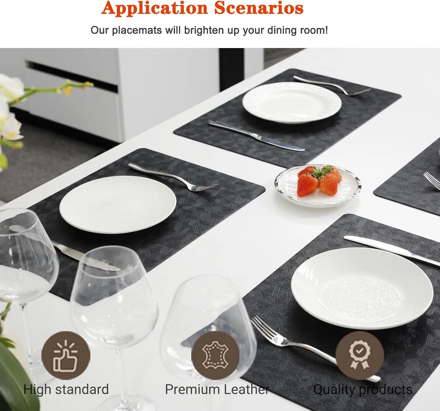 Vinyl Placemats Set of 4 100% Waterproof Oilproof PU Place Mats Heat Resistant Reversible Wipeable Faux Leather Table Mats for Dining Indoor/Outdoor and Kitchen(4, Black)