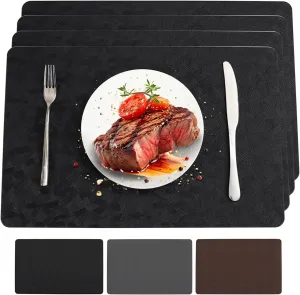 Vinyl Placemats Set of 4 100% Waterproof Oilproof PU Place Mats Heat Resistant Reversible Wipeable Faux Leather Table Mats for Dining Indoor/Outdoor and Kitchen(4, Black)