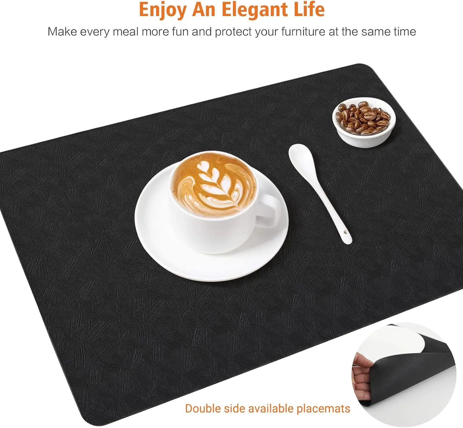 Vinyl Placemats Set of 4 100% Waterproof Oilproof PU Place Mats Heat Resistant Reversible Wipeable Faux Leather Table Mats for Dining Indoor/Outdoor and Kitchen(4, Black)