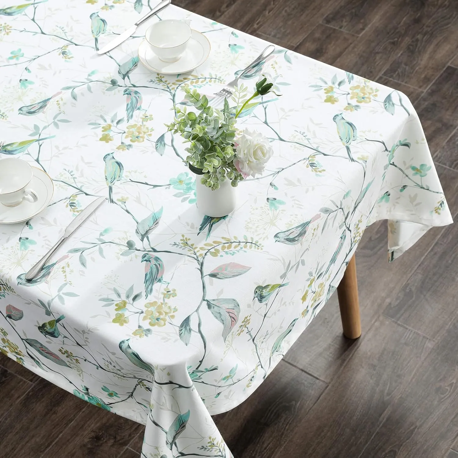 VOGOL 52x70 Inches Rectangle Tablecloth, Stain and Wrinkle Resistant Washable Linen Table Cloth, Floral and Birds Print Decorative Tabletop for Dining Table, Buffet Parties and Camping