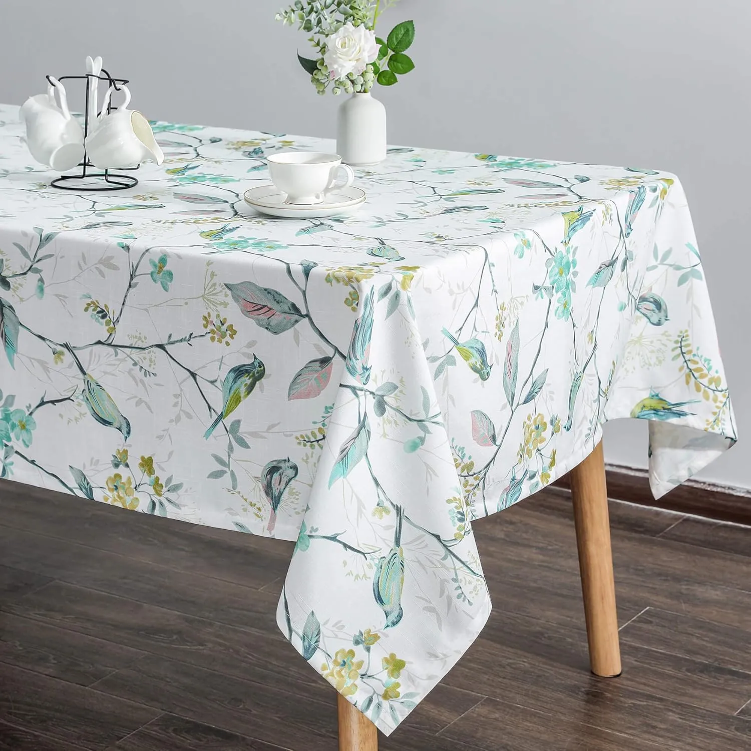 VOGOL 52x70 Inches Rectangle Tablecloth, Stain and Wrinkle Resistant Washable Linen Table Cloth, Floral and Birds Print Decorative Tabletop for Dining Table, Buffet Parties and Camping
