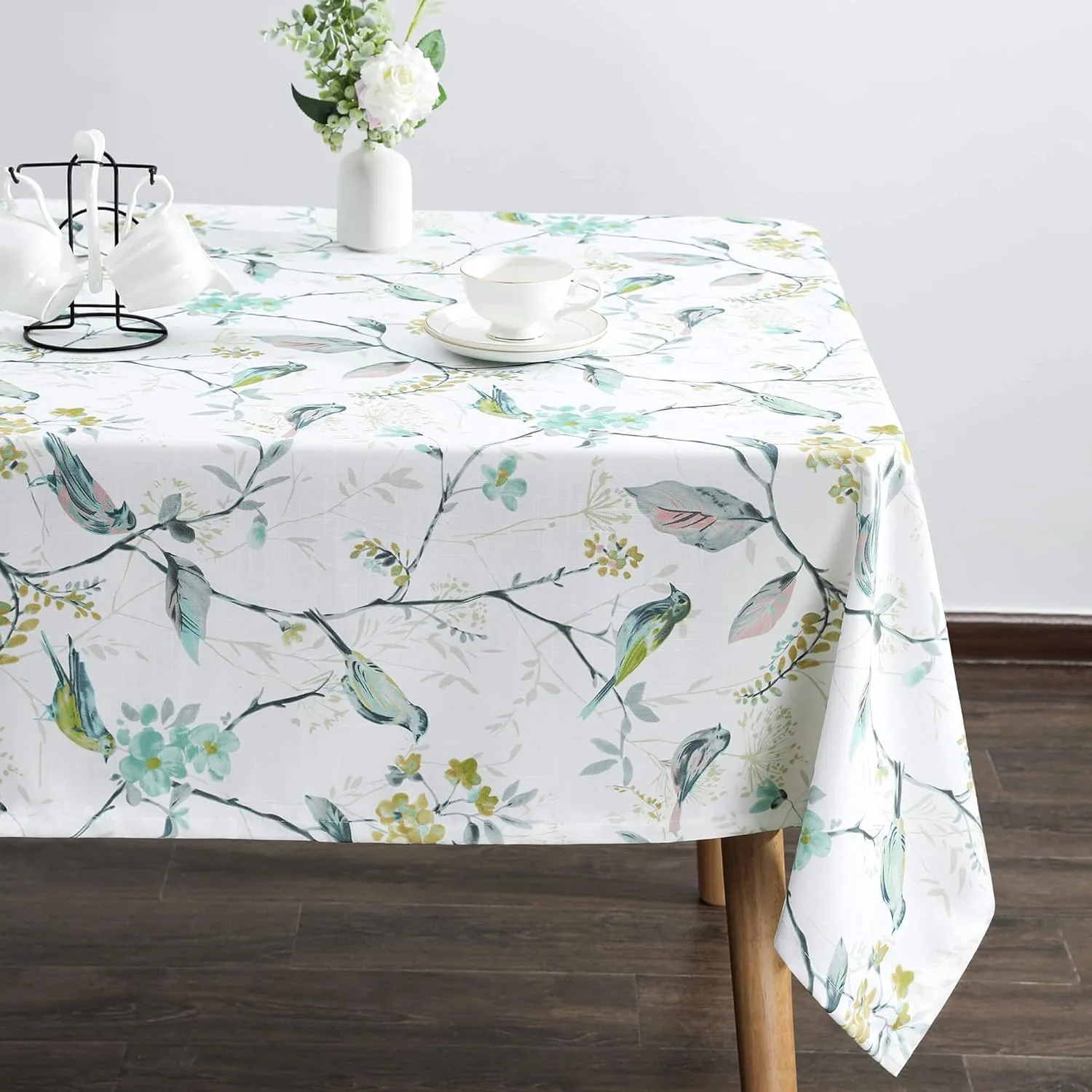 VOGOL 52x70 Inches Rectangle Tablecloth, Stain and Wrinkle Resistant Washable Linen Table Cloth, Floral and Birds Print Decorative Tabletop for Dining Table, Buffet Parties and Camping