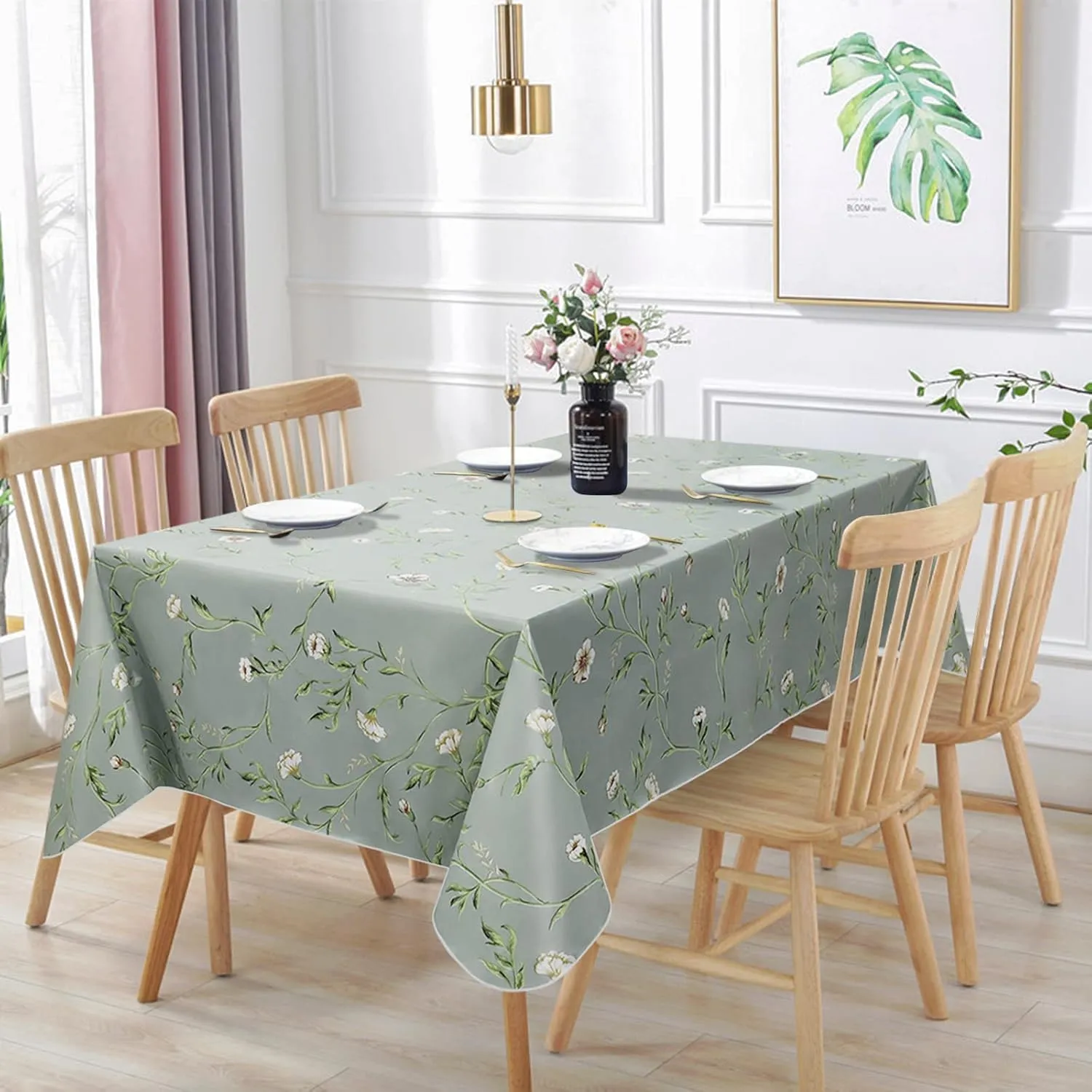 Vonabem Vinyl Tablecloth with Flannel Backing, Plastic Water Oil Proof Rectangle Table Cloth Cover, PVC Table Cloths for Camping Picnic Dining Indoor Outdoor(Green,60X102IN)