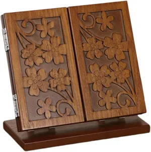 VOSAREA Tri- Fold Makeup Mirror Vintage Wooden Carved Pattern Folding Cosmetics Mirror Trifold Vanity Mirror Folding Tabletop Cosmetic Mirror Travel Mirror for Dresser Table