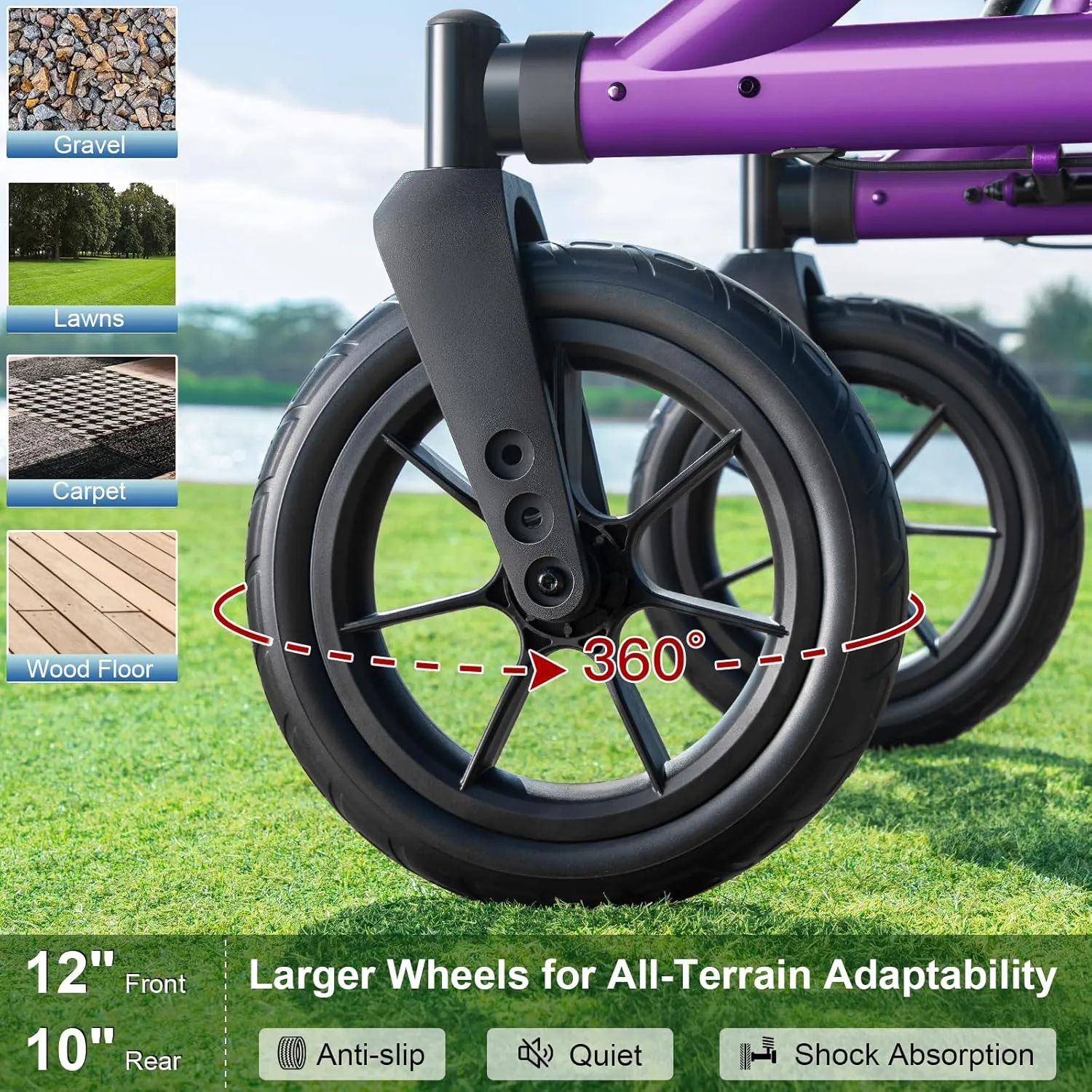 Walkers for Seniors, Rollator Walker with Seat, 12" Big Rubber Wheels All Terrain Rollator Walker with Backrest, Built-in Cable, Cup Holder, Foldable and Height Adjustment for Seniors, Purple