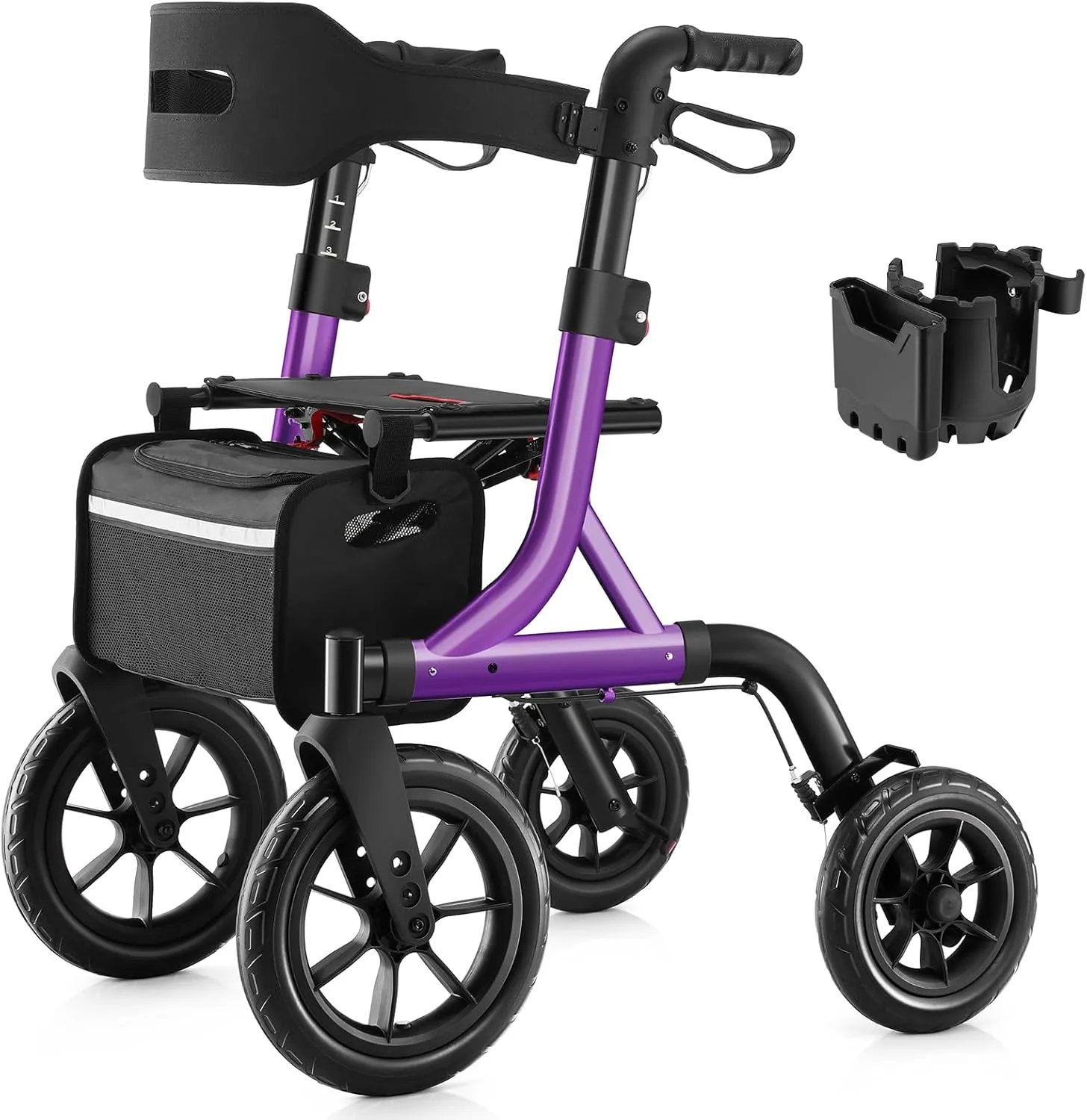 Walkers for Seniors, Rollator Walker with Seat, 12" Big Rubber Wheels All Terrain Rollator Walker with Backrest, Built-in Cable, Cup Holder, Foldable and Height Adjustment for Seniors, Purple