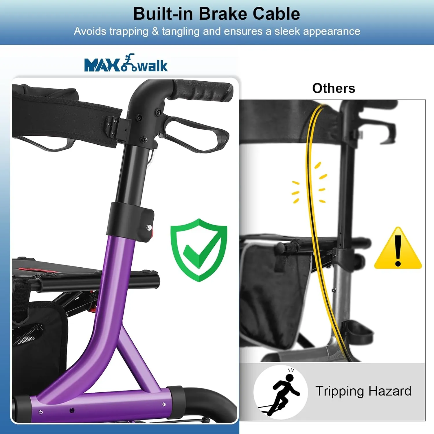 Walkers for Seniors, Rollator Walker with Seat, 12" Big Rubber Wheels All Terrain Rollator Walker with Backrest, Built-in Cable, Cup Holder, Foldable and Height Adjustment for Seniors, Purple
