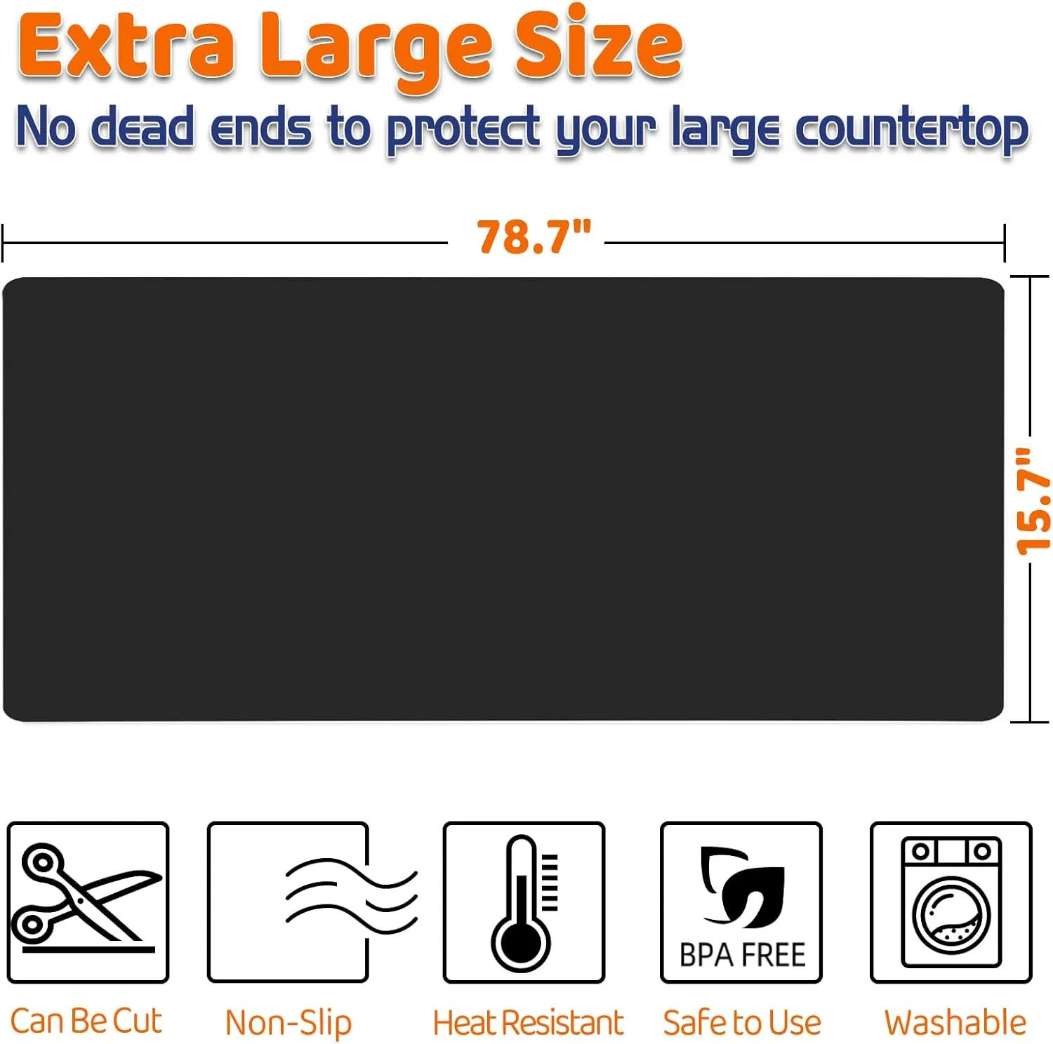 Warome Silicone Mats - 78.7 x 15.7 Inches, Large Countertop Protector, Nonskid Heat Resistant Desk Saver Pad, Black