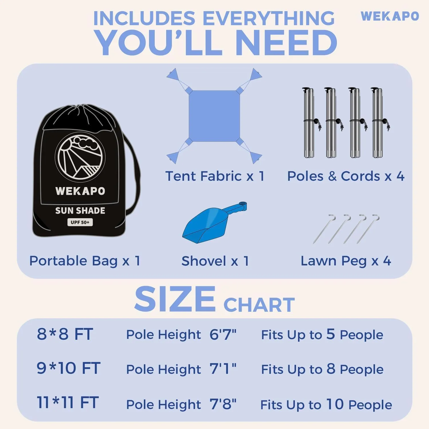 WEKAPO Beach Tent Sun Shelter - Easy Setup Beach Canopy with 4 Sturdy Poles, Extra Large Sandbags and Shovel, 7'8'' Tall, Windproof Sun Shade for Backyard and Camping, UPF 50  Protection