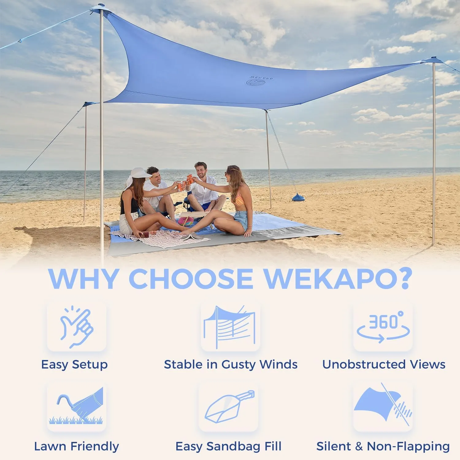 WEKAPO Beach Tent Sun Shelter - Easy Setup Beach Canopy with 4 Sturdy Poles, Extra Large Sandbags and Shovel, 7'8'' Tall, Windproof Sun Shade for Backyard and Camping, UPF 50  Protection