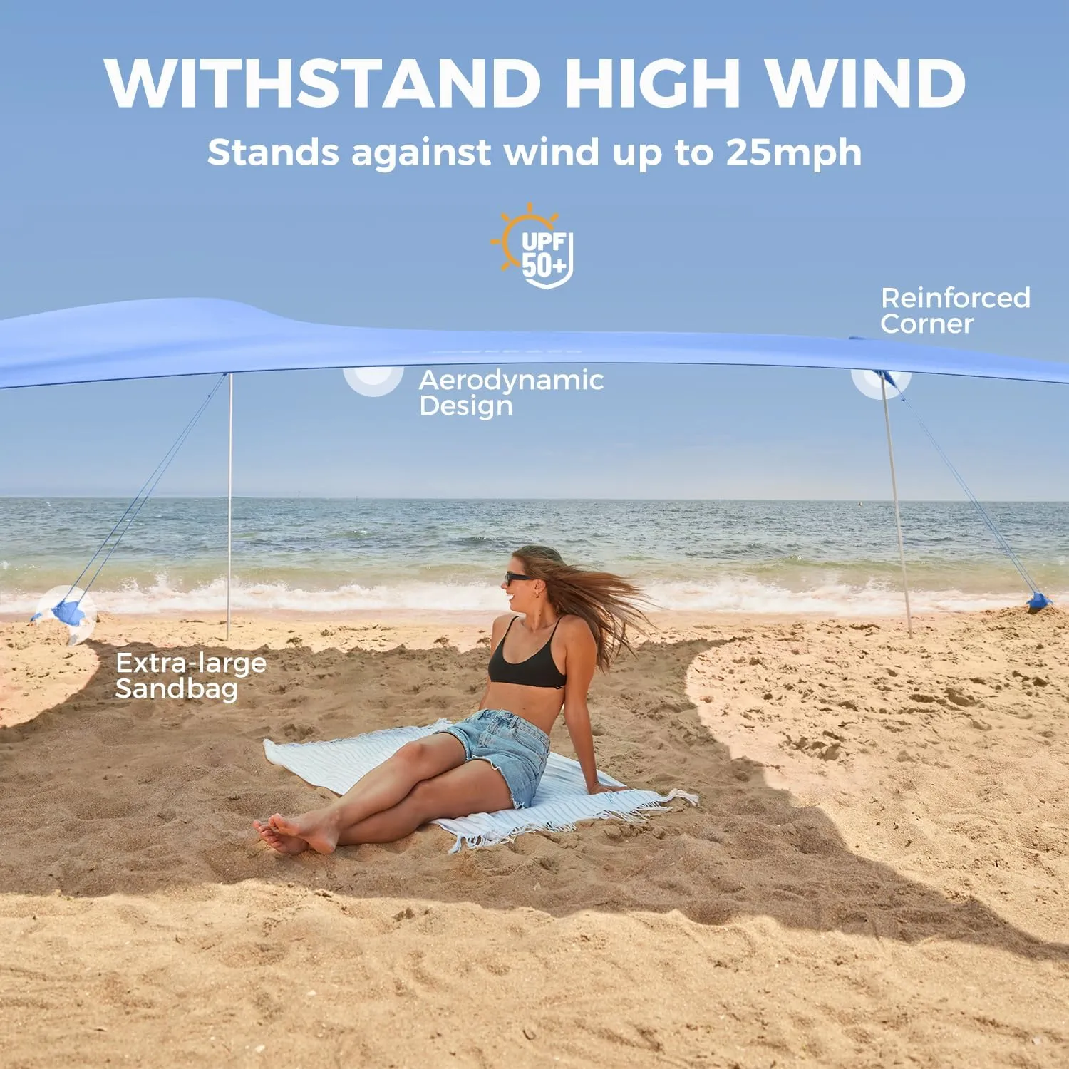 WEKAPO Beach Tent Sun Shelter - Easy Setup Beach Canopy with 4 Sturdy Poles, Extra Large Sandbags and Shovel, 7'8'' Tall, Windproof Sun Shade for Backyard and Camping, UPF 50  Protection