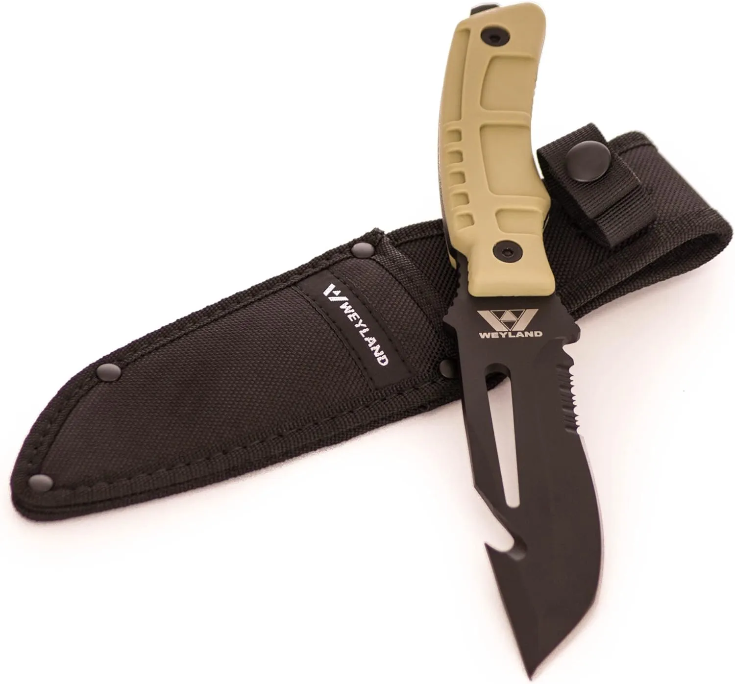 WEYLAND Tactical Knife with MOLLE Sheath Holster - Fixed Blade Full Tang Survival, Hunting, Bugout & Bushcraft Knife - Outdoor Hiking & Scout Camping Knives - Black