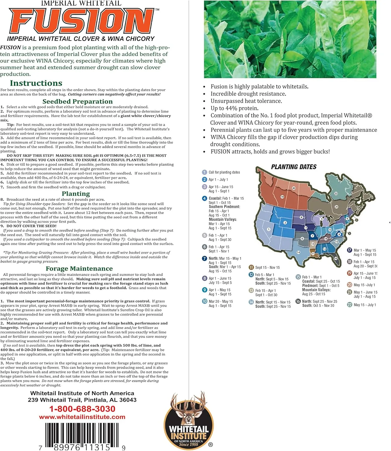 Whitetail Institute FUSION Deer Food Plot Seed for Spring or Fall Planting, Blend of Clover and Chicory for Maximum Deer Attraction, Heat, Cold and Drought Tolerant