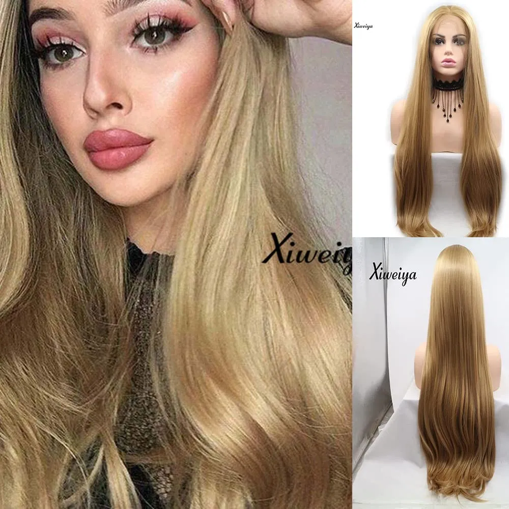 xiweiya Blonde Lace Front Wig Long Silky Straight Golden Blonde 13x3 Lace Frontal Wigs Heat Resistant Fiber Hair Middle Part Glueless Wigs Cosplay,Drag Queen Wigs Wear ang Go Blonde Wigs 26inch
