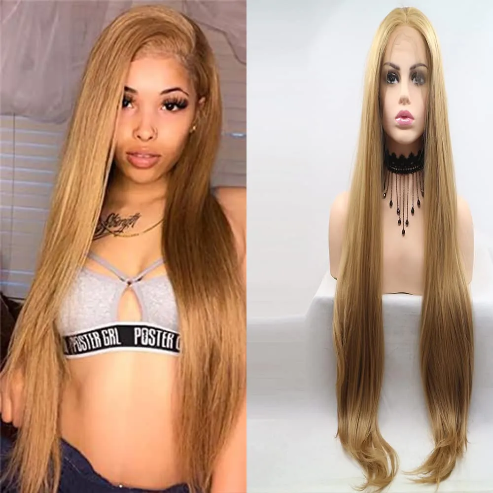 xiweiya Blonde Lace Front Wig Long Silky Straight Golden Blonde 13x3 Lace Frontal Wigs Heat Resistant Fiber Hair Middle Part Glueless Wigs Cosplay,Drag Queen Wigs Wear ang Go Blonde Wigs 26inch