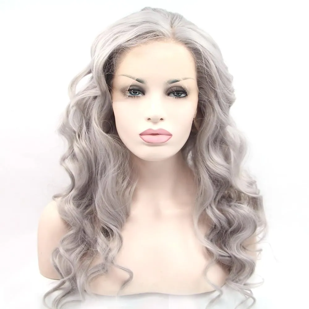 Xiweiya Heat Resistant Fiber Wigs13x4 Lace Platinum Grey Synthetic Lace Front Wig Long Loose Curly Silver Light Grey Hair for Women Drag Queen Halloween Cosplay Wig
