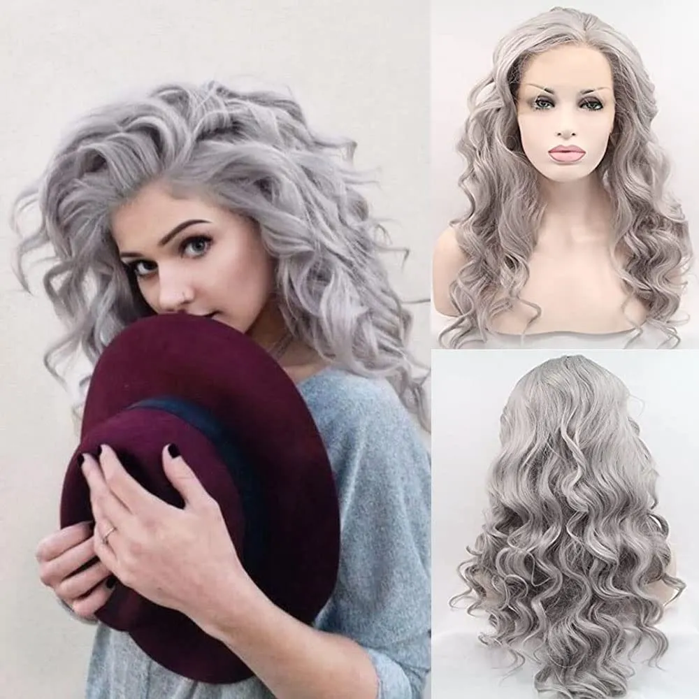 Xiweiya Heat Resistant Fiber Wigs13x4 Lace Platinum Grey Synthetic Lace Front Wig Long Loose Curly Silver Light Grey Hair for Women Drag Queen Halloween Cosplay Wig