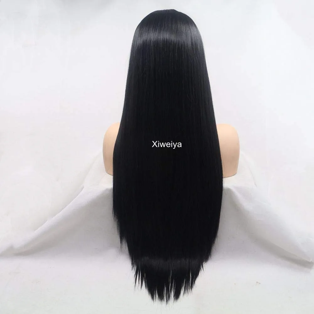 Xiweiya Natural Black Lace Front Wig for Women Long Silky Straight 1b# Black 13*3 Lace Front Wig Soft Glueless Full Wig Heat Resistant Fiber Hair Middle Part Half Hand Tied 26inch