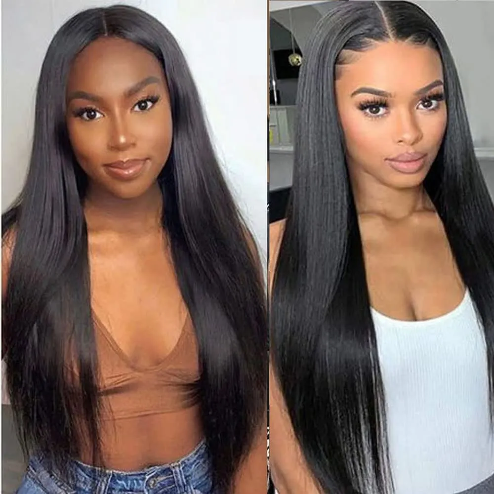 Xiweiya Natural Black Lace Front Wig for Women Long Silky Straight 1b# Black 13*3 Lace Front Wig Soft Glueless Full Wig Heat Resistant Fiber Hair Middle Part Half Hand Tied 26inch