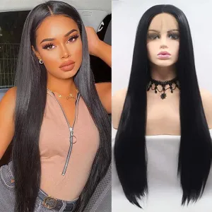 Xiweiya Natural Black Lace Front Wig for Women Long Silky Straight 1b# Black 13*3 Lace Front Wig Soft Glueless Full Wig Heat Resistant Fiber Hair Middle Part Half Hand Tied 26inch