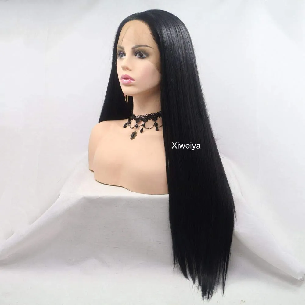 Xiweiya Natural Black Lace Front Wig for Women Long Silky Straight 1b# Black 13*3 Lace Front Wig Soft Glueless Full Wig Heat Resistant Fiber Hair Middle Part Half Hand Tied 26inch