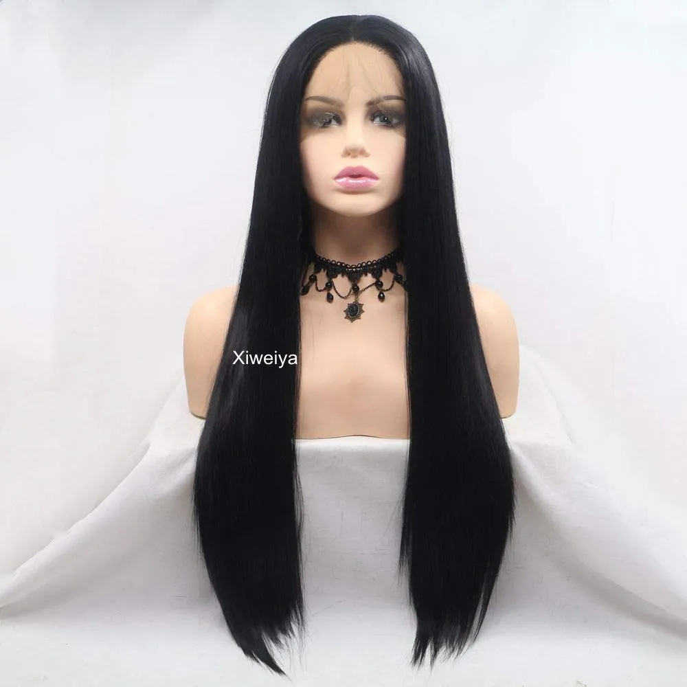 Xiweiya Natural Black Lace Front Wig for Women Long Silky Straight 1b# Black 13*3 Lace Front Wig Soft Glueless Full Wig Heat Resistant Fiber Hair Middle Part Half Hand Tied 26inch