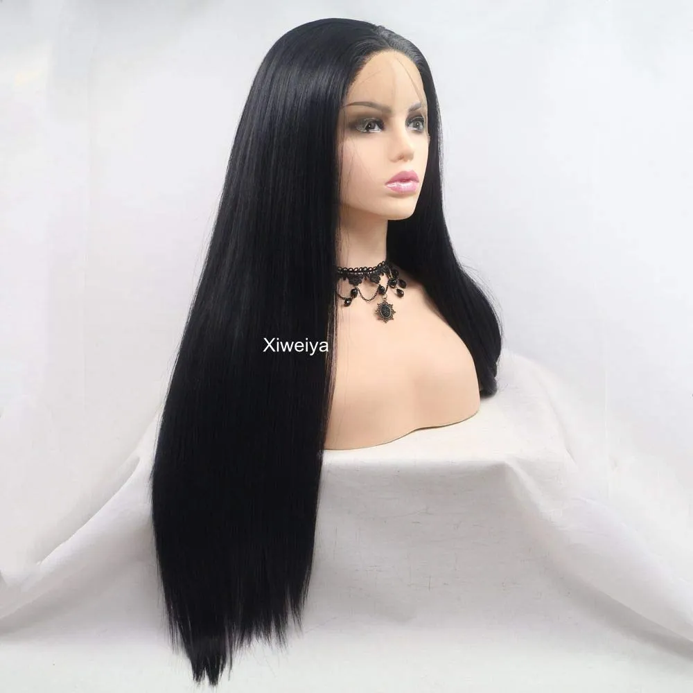 Xiweiya Natural Black Lace Front Wig for Women Long Silky Straight 1b# Black 13*3 Lace Front Wig Soft Glueless Full Wig Heat Resistant Fiber Hair Middle Part Half Hand Tied 26inch