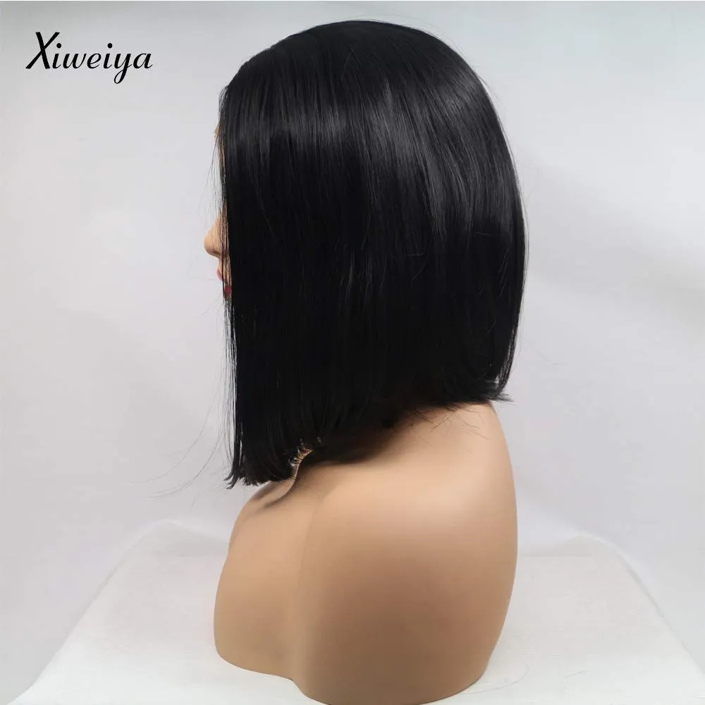 Xiweiya Wig Natural Pure Black Wig 13*3 Synthetic Lace Front Wig Middle Part with Heat Resistant Fiber Black Silky Straight Hair Soft for Women Everyday Wear 12 Inches