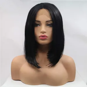 Xiweiya Wig Natural Pure Black Wig 13*3 Synthetic Lace Front Wig Middle Part with Heat Resistant Fiber Black Silky Straight Hair Soft for Women Everyday Wear 12 Inches