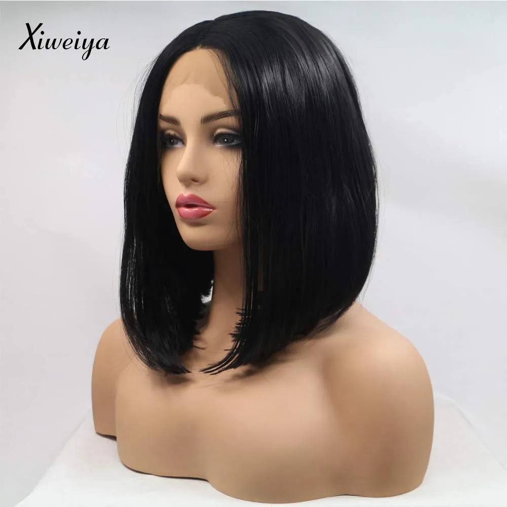 Xiweiya Wig Natural Pure Black Wig 13*3 Synthetic Lace Front Wig Middle Part with Heat Resistant Fiber Black Silky Straight Hair Soft for Women Everyday Wear 12 Inches