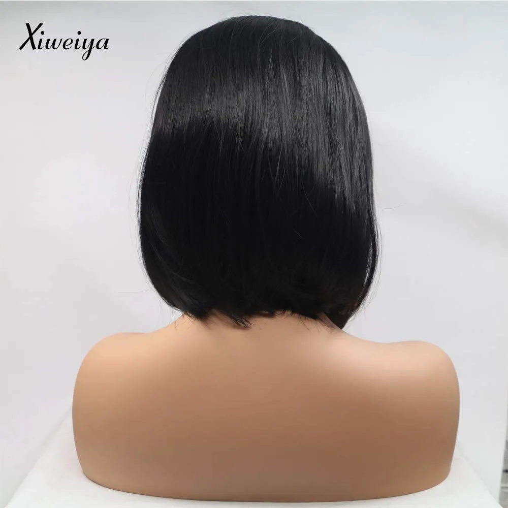 Xiweiya Wig Natural Pure Black Wig 13*3 Synthetic Lace Front Wig Middle Part with Heat Resistant Fiber Black Silky Straight Hair Soft for Women Everyday Wear 12 Inches