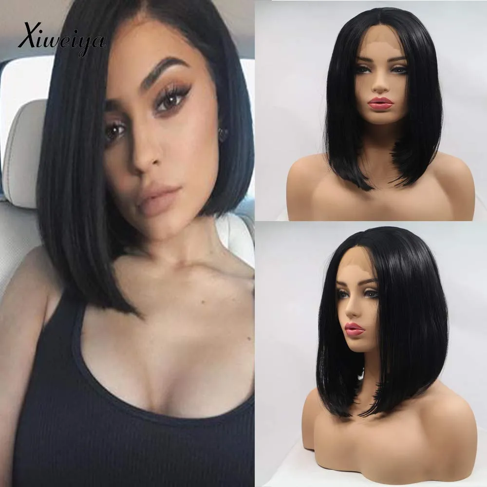 Xiweiya Wig Natural Pure Black Wig 13*3 Synthetic Lace Front Wig Middle Part with Heat Resistant Fiber Black Silky Straight Hair Soft for Women Everyday Wear 12 Inches