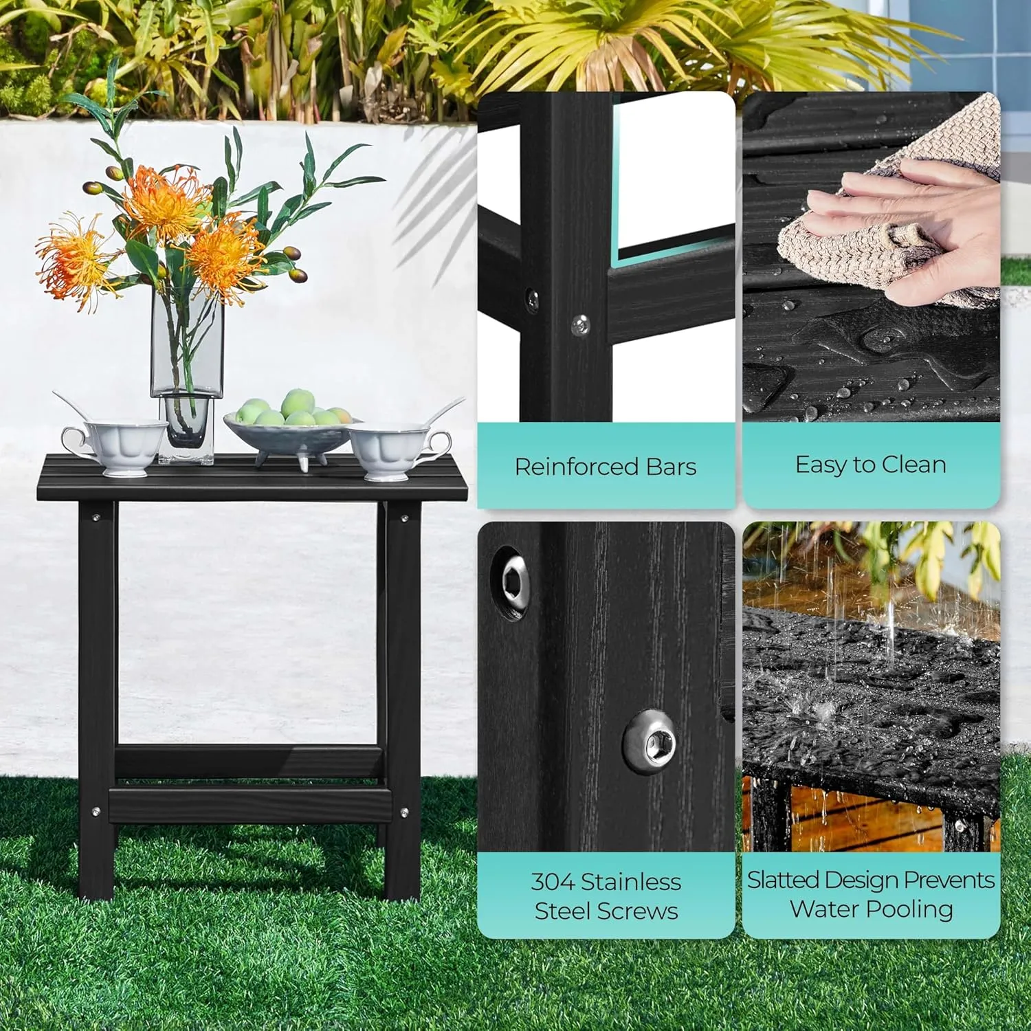 Yaheetech Adirondack Outdoor Side Table, HDPE Small Patio End Table, Pool Composite Patio Table, Balcony Modern Outside Tables for Garden, Pool, Beach, Porch, Deck, Indoor, Backyard Black/single layer