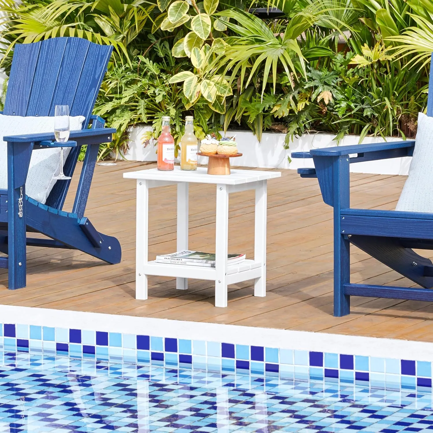 Yaheetech Adirondack Outdoor Side Table, HDPE Small Patio End Table, Pool Composite Patio Table, Balcony Modern Outside Tables for Garden, Pool, Beach, Porch, Deck, Indoor, Backyard White/double layer