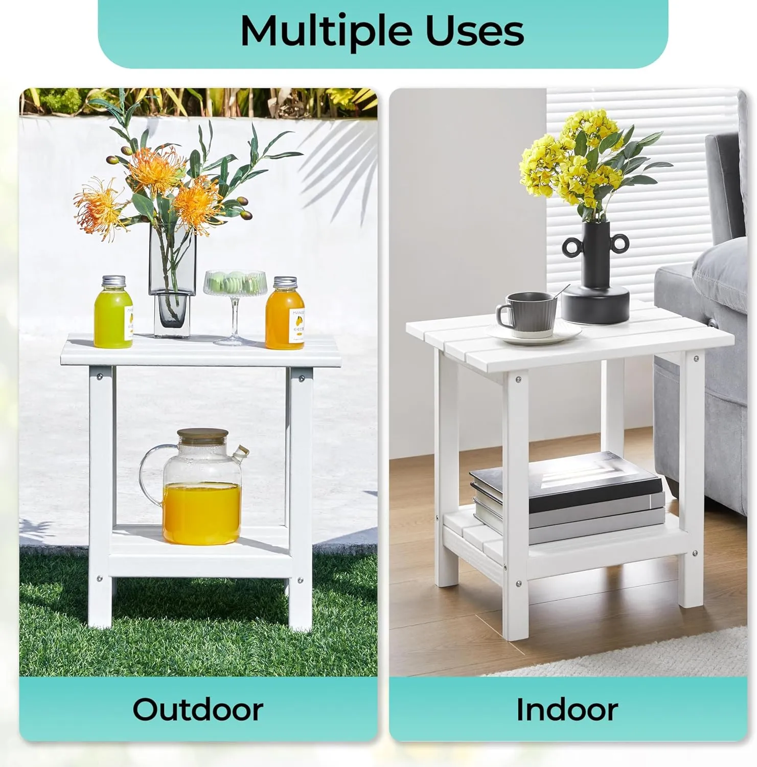 Yaheetech Adirondack Outdoor Side Table, HDPE Small Patio End Table, Pool Composite Patio Table, Balcony Modern Outside Tables for Garden, Pool, Beach, Porch, Deck, Indoor, Backyard White/double layer