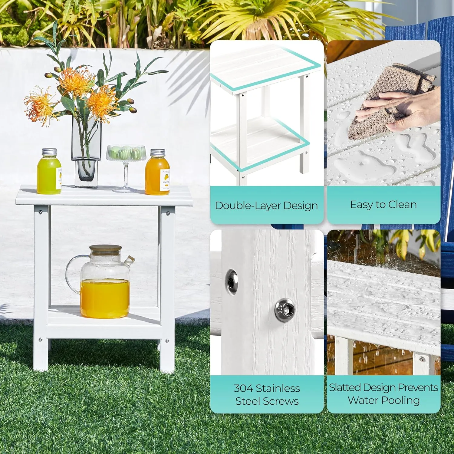 Yaheetech Adirondack Outdoor Side Table, HDPE Small Patio End Table, Pool Composite Patio Table, Balcony Modern Outside Tables for Garden, Pool, Beach, Porch, Deck, Indoor, Backyard White/double layer
